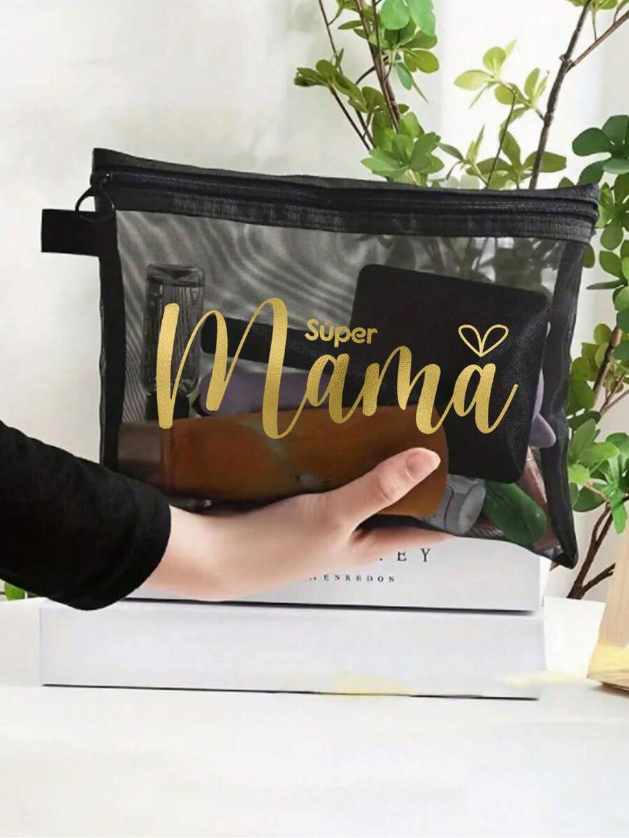 金色字母“超级妈妈”网眼化妆包，创意“妈妈”爱心印花图案，透明拉链化妆包，大容量网眼收纳袋，可重复使用的女士洗漱包，完美的母亲节礼物，便携式旅行收纳包，可存放化妆品、护肤品和个人物品，大学宿舍化妆品收纳，伴娘礼物袋，送给妈妈、爱人和家人的礼物，母亲节礼物，适合旅行、海滩度假、日常使用，旅行必备品 - 彩色 - 查看 1