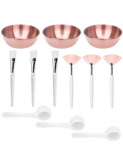 2/3/4/12件套美容师面部护理工具套装，金色/银色/玫瑰金不锈钢面膜搅拌碗，扇形刮刀，扁平头刷，面膜刷套装+搅拌碗组合，女士必备SPA工具，居家旅行护理套装