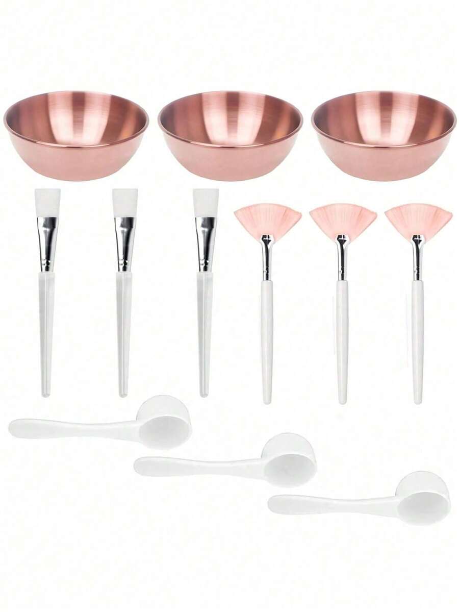 2/3/4/12件套美容师面部护理工具套装，金色/银色/玫瑰金不锈钢面膜搅拌碗，扇形刮刀，扁平头刷，面膜刷套装+搅拌碗组合，女士必备SPA工具，居家旅行护理套装 - 彩色 - 查看 1