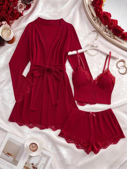 3 قطع مجموعة ملابس داخلية نسائية مثيرة، تشمل قميص كامي برقبة على شكل V مع فيونكة قابل للتعديل، شورت، وردة طويلة الأكمام مع حزام مطابق، مرنة ومريحة، مجموعة ملابس نوم مزينة بالدانتيل