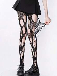 Medias negras de red rasgadas con estilo gótico y sexy de ROMWE - Negro 2 - Ver 7