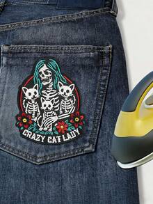 1pc Gothic Alien Embroidered Patch, Skull Lady & Skeleton Cat Design, Crazy Cat Gothic Punk Style Skull, Iron-On Embroidery Patch Suitable For Clothes, Jackets, Hats - A - View 6