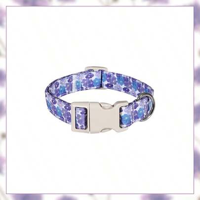 Vòng cổ cho chó họa tiết hoa tím - Vòng cổ điều chỉnh được in hình hoa oải hương và xanh dương, khóa màu be và vòng chữ D màu bạc - Vòng cổ lãng mạn cho cún cưng nhỏ và vừa.