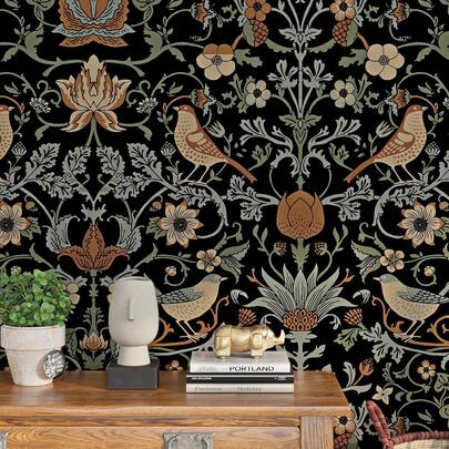 Giấy dán tường hoa văn cổ điển, tự dính, hiệu William Morris, họa tiết dâu tây và chim, màu trung tính, tự dính, chống thấm nước, thích hợp cho phòng khách, phòng ngủ và phòng tắm.