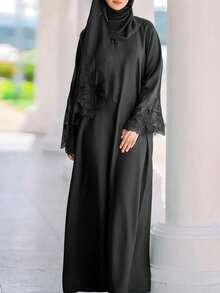 Women's Solid Color Lace Patchwork Contrast Trim Vacation Dress Black Spring - Black - View 6