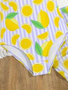 Tween Girls Knit Cute Lemon Digital Print Design Deep V-Neck Swimsuit Set, Suitable For Beach, Summer, Vacation, Seaside, Elegant Lady Fashion - Purple - View 4