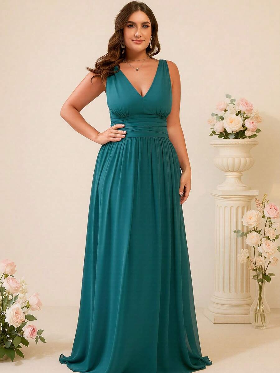 EVERPRETTY 性感露背高腰无袖蓝色伴娘礼服，适合春夏婚礼、派对和节日场合 - 水鴨藍 - 查看 1