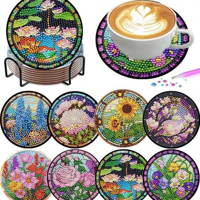8 Stücke/Set Diamant Kunst Untersetzer mit Halter, DIY schöne Blumenmuster Diamant Kunst Untersetzer, geeignet für Erwachsene und Anfänger Diamant Malerei Set, Diamant Malerei Bastelbedarf, exquisites Geschenk für Freunde