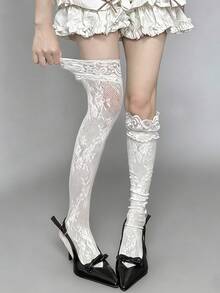 1双复古蕾丝镂空网眼薄丝袜/过膝袜，女士性感玫瑰透明芭蕾舞萝莉风腿套，白色/黑色，春夏款 - 彩色 - 查看 7