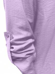 Cardigan casual con cuello polo ligero, blusa elegante de unicolor versátil adecuada para la playa, el diario, el trabajo, las compras, pantalones de pierna ancha con cintura relajada de tel - Lila Púrpura - Ver 6
