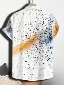 Abstract Paint Splatter Pattern Symbolizes Creative Freedom And Energetic Expression Mixing Orange Blue And Black Hues Against White Background 3D Print Men's Casual Short Sleeve Button Down Shirt - White - View 2