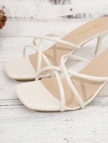 Women's Square Toe Striped Criss-Cross High Heel Slip-On Sandals, Solid Color, Elegant, Fashionable Bohemian Casual Sexy, PU Leather Criss-Cross Strap Ladies High Heel Sandals, Outdoor Summer - White - View 9