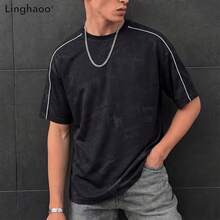 Camiseta de cuello redondo holgada con estampado de moda para hombre - Negro - Ver 1