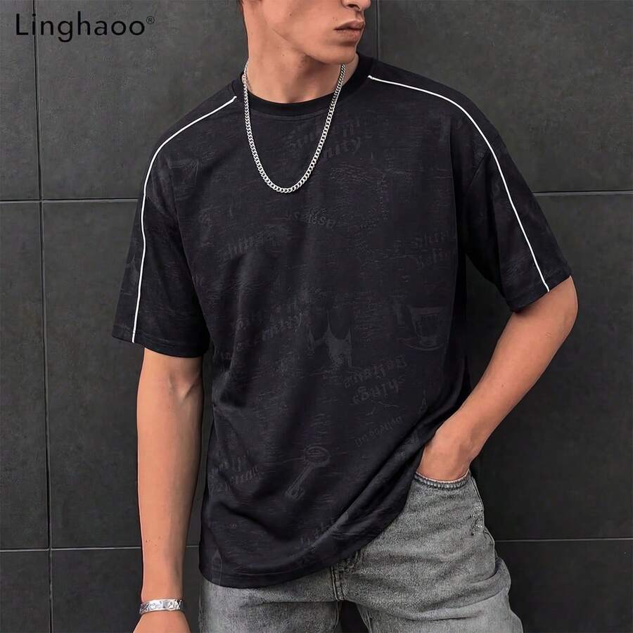 Camiseta de cuello redondo holgada con estampado de moda para hombre - Negro - Ver 1