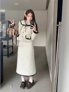 Women Two-Piece Outfits - Beige Coat + Skirt [two-piece Set] - View 4