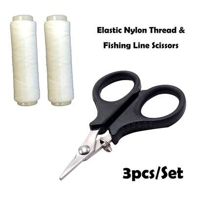 3件套弹力尼龙钓鱼线及鱼线剪刀套装 - 2卷高弹尼龙饵料绑线 + 1把不锈钢钓鱼剪刀，便携式钓鱼配件，适用于鲤鱼垂钓、淡水垂钓、海水垂钓、路亚垂钓、矶钓、湖钓、河钓、海滩垂钓，是所有钓鱼爱好者的理想之选。