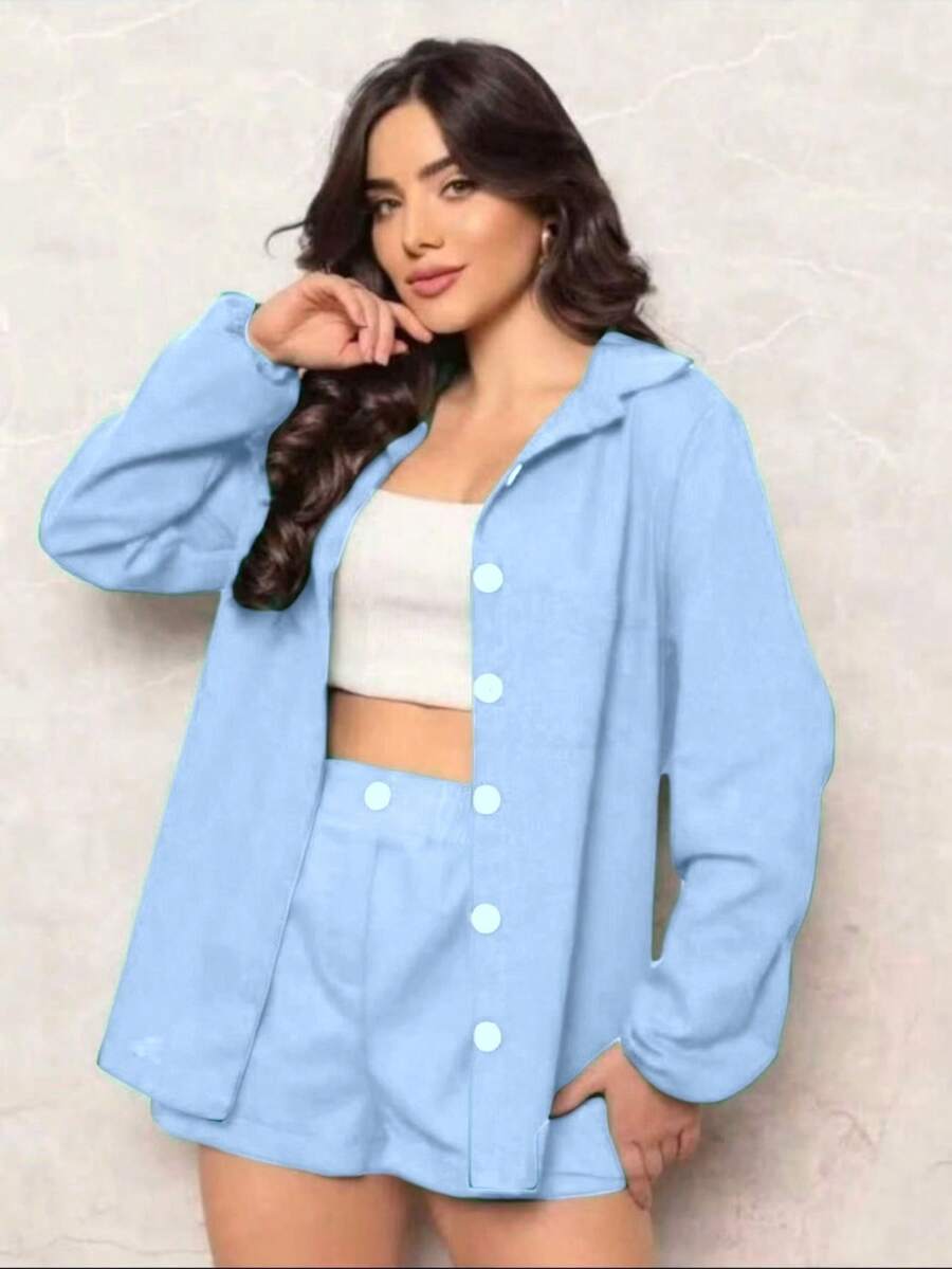 Combination Set Consisting Of A Long-Sleeved Top And Shorts. - Light Wash - View 1