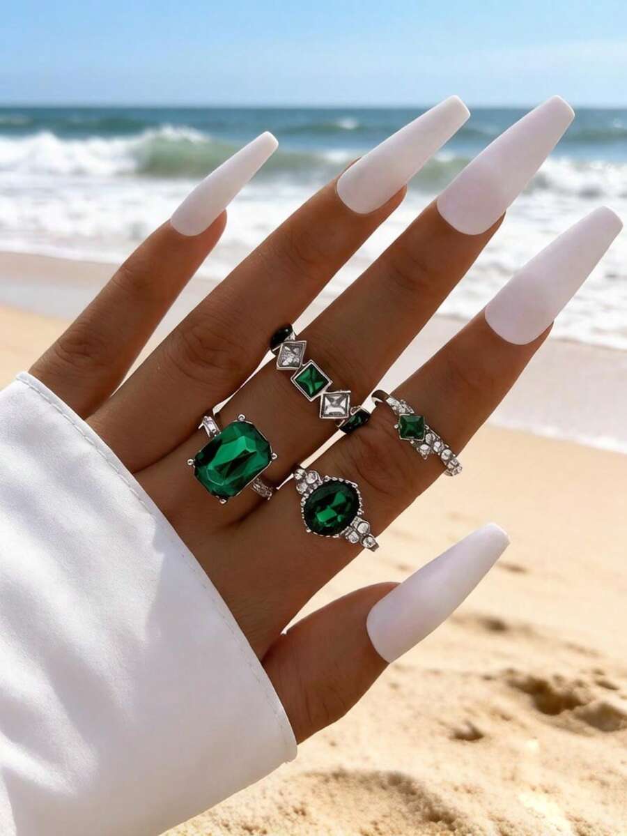 imoli 4pcs/set Minimalist Alloy & Rhinestone Geometric Ring Set, Women's Date Gift - Silver - View 1