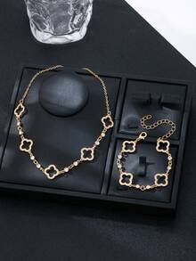 2件套欧美风格镂空花朵四叶草优雅项链手链套装，适合女士日常佩戴 - 彩色 - 查看 2