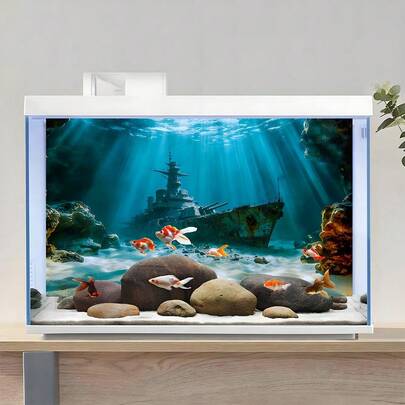 Hình ảnh xác tàu đắm dưới đáy biển sâu, tranh nền bể cá, decal nền bể cá, decal nền bể nuôi bò sát, mặt trước tự dính, trang trí cảnh quan bể cá, đồ trang trí bể cá.