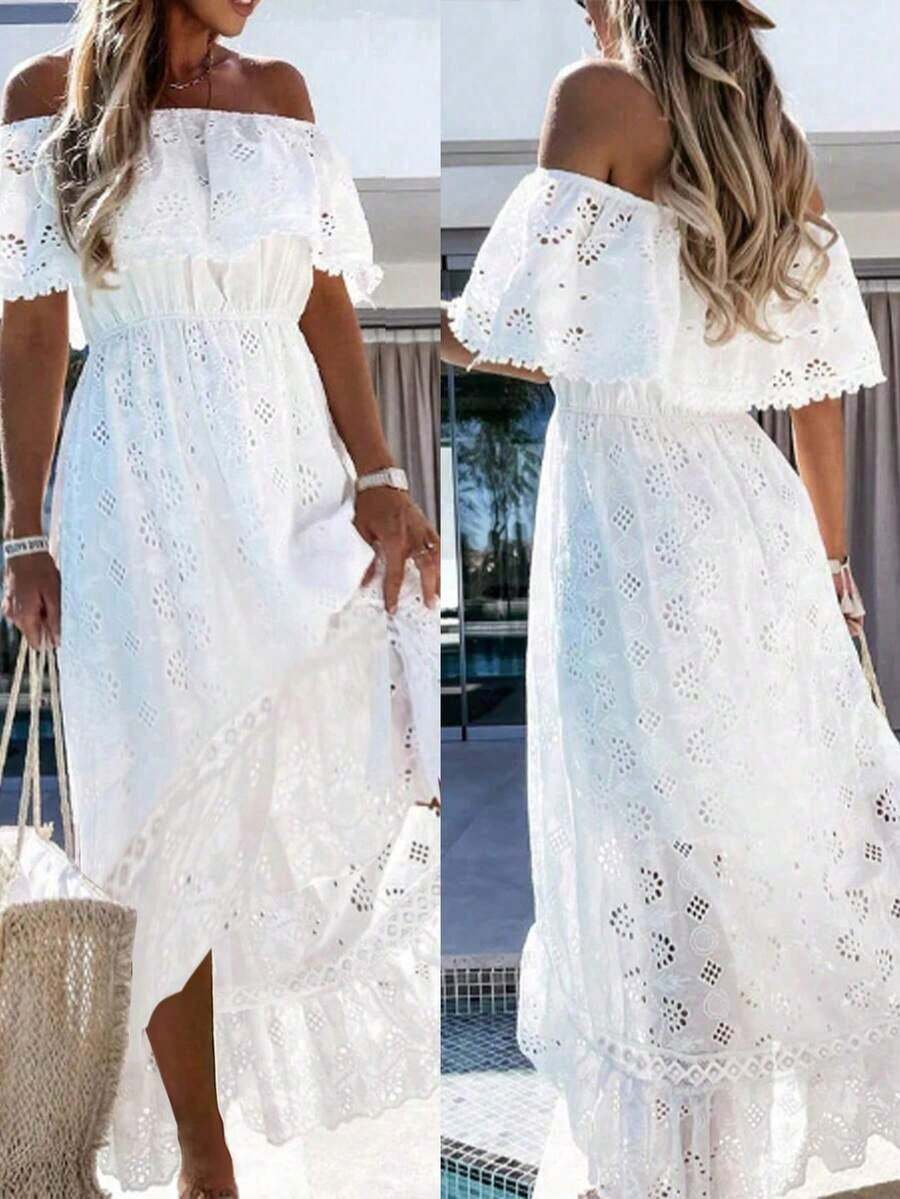 Wt-Solid Color Hollow-Out Embroidered Lace Trim Off Shoulder Ruffle Hem Dress, Boho & Bohemian Style, Spring/Summer - trắng - Xem 1