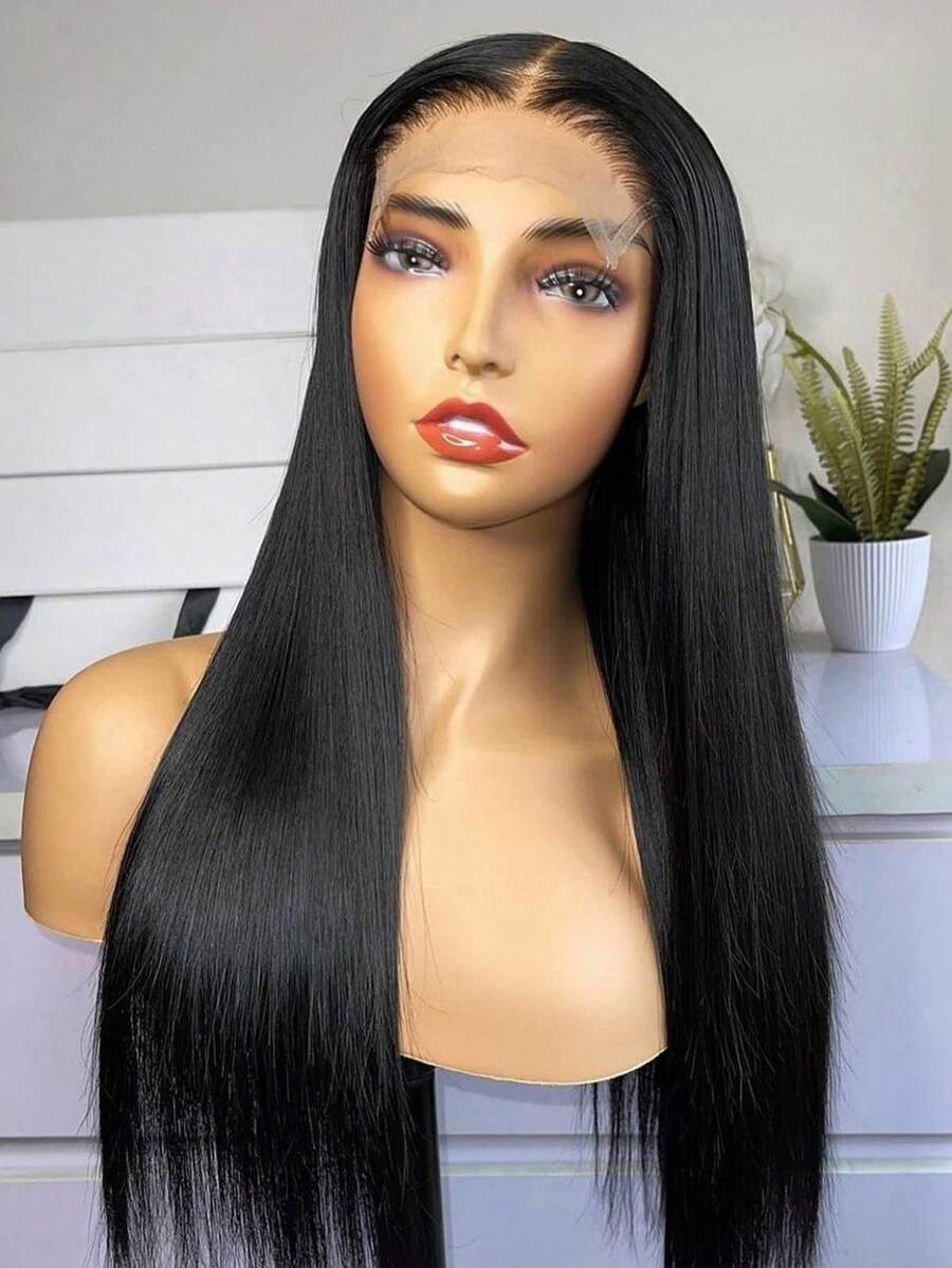 bling hair 13x6 Straight Lace Front Wig Pre Plucked 250% Density Synthetic Wig With Natural Hairline HD Transparent Lace Frontal Wigs 360 Full Lace Straight Wig For Women Long Jet Black Lace Wig 26 Inches - Natural Black - Xem 1