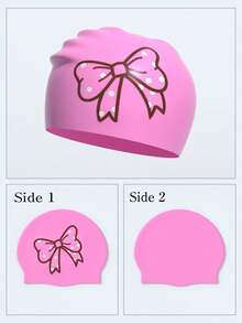 儿童硅胶蝴蝶结泳帽，适合3-15岁儿童，宽松舒适 - 粉色 - 查看 2