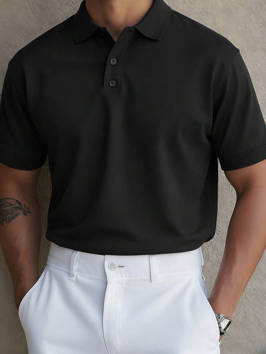 FRACTYR Men's Basic Fashionable Minimalist Solid Color Contrast Collar Polo Shirt, Suitable For Layering Or Standalone Wear - Black - View 1