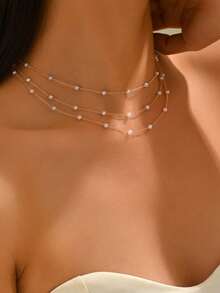 1 chiếc dây chuyền vàng nhiều lớp đính ngọc trai giả, kiểu dáng tối giản, thích hợp đeo hàng ngày, đi làm, hẹn hò, đi biển, đi nghỉ mát, làm quà tặng ngày Valentine, sinh nhật, quà tặng ngày lễ. - Vàng - Xem 3