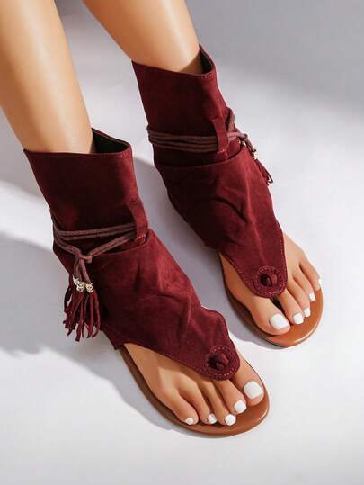1 Pair Women's Bohemian Tassel Lace-Up Sandals, Lightweight & Comfortable Summer Holiday Style