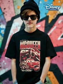 Disney Cars Retro T-Shirt! Multi Grid Lightning McQueen Print, Red And Black Contrasting American Retro Style, Paired With The Slogan "KA-COW!", Full Of Coolness Print Pattern Summer Tops,Short-Sleeved Casual And Cute Style  Children's Clothing Design, Boy Clothes For Kids ,Ropa Para Niños,Boy Clothes For Kids,Graphic Tee, Summer Clothes,Perfect For Cool Boy. Comfortable And Breathable Children's Short-Sleeved T-Shirt. Comfortable And Casual Wear All Year Round 180g Pure Cotton Children's Clothes,Comfortable & Lightweight, Iconic Print For Mix-And-Match Outfits,Suitable For Both Boys And Girls. - Black - View 1