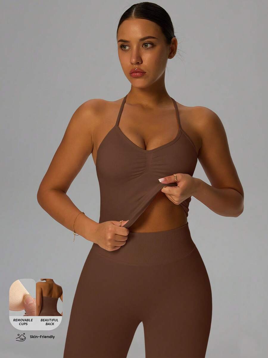 Yefecy New Impact Sports Yoga Tank Top, Women Fitness Yoga Shirt, Sports Wear, Backless Ruched Built-In Bra Crop Top Spring