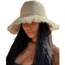 1 chiếc mũ chống nắng mùa hè dành cho nữ, kiểu Hàn Quốc, vành rộng, chất liệu rơm, thoáng khí, thích hợp đi biển. - Rơm rạ - Xem 12