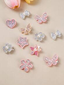10 Stücke/Set Mädchen/Damen Perlen Herz/Blume/5-Blüten Blume/Schleife Haarspangen, süße und niedliche Strass verzierte Haarspangen, zufällige Farbe, für den täglichen Gebrauch - Verschiedenfarbig - Übersicht 2