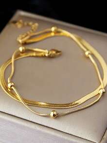 MECYLIFE 1pc Women Stainless Steel Double Layer Snake Chain Bracelet, Minimalist Jewelry For Daily Wear - Yellow Gold - View 5