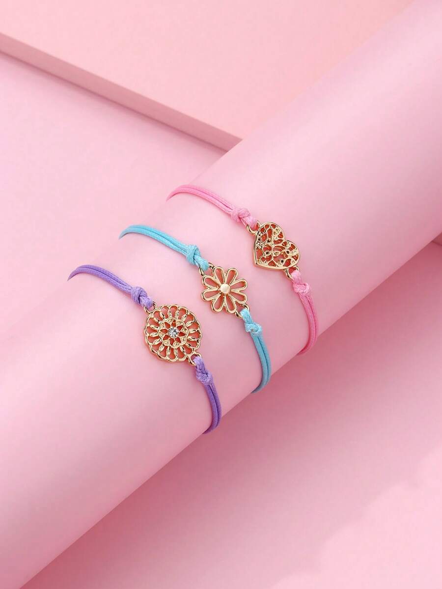 Bộ 3 vòng tay hình hoa trái tim rỗng, dệt thủ công, thời trang hoạt hình dành cho trẻ em, thích hợp làm quà tặng Eid Al-Adha, phù hợp để đeo hàng ngày, làm quà tặng và trong các lễ hội. - Nhiều màu - Xem 1