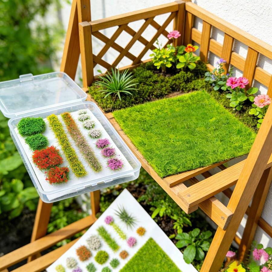 Miniature Static Grass Tufts & Flower Clumps Set For Model Train Diorama, 15x15cm (5.91x5.91in) Artificial Lawn + 1 Box Assorted Color Flower Bushes Kit For Wargaming Terrain, Micro Landscape, Dollhouse Garden, DIY Craft Scenery Building Supplies