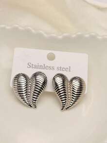 Women's Silver Heart Textured Stud Earrings - Fashionable Stainless Steel Heart Earrings. Minimalist Y2K Style Studs Are Lightweight, Anti-Oxidation, And Comfortable To Wear. Suitable For Daily Wear, Work, Dates, Parties And Special Occasions, Whether For Daily Wear, Holiday Celebrations, Vacation Travel Or Party Gatherings, They Are An Excellent Choice. - Silver - View 6