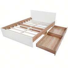 Double Bed, Wooden Bed Frame 140*200cm With 2 Drawers, Modern Bed Including Bed Frame & Slatted Base - 207*80*145cm (L*H*W) Set In Oak/White (Without Mattress) - White + Light Oak Color + Solid Wood + Medium-density Fiberboard - View 6
