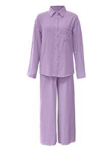 Cardigan casual con cuello polo ligero, blusa elegante de unicolor versátil adecuada para la playa, el diario, el trabajo, las compras, pantalones de pierna ancha con cintura relajada de tel - Lila Púrpura - Ver 4