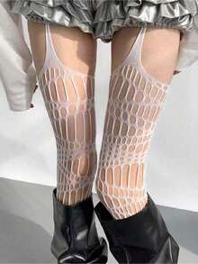 1 Pair Of Spider Web Suspenders, High Tube Hollow Mesh Socks, Long Tube Knee High Suspender Socks, Hollow Socks, Suitable For Daily Parties - White - View 3