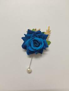 1枚胸花 + 1枚腕花，海军蓝玫瑰配叶子和珠饰，新郎新娘伴娘婚礼派对舞会日常花卉手链浪漫配饰，夏季，海滩 - 745-寶藍色 - 查看 7
