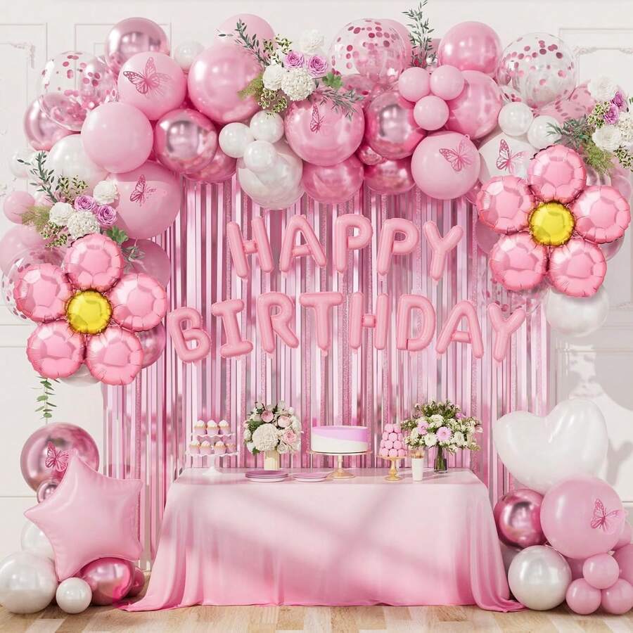 84pcs DBKL Pink Birthday Party Decorations, Pearl White Pink Metallic Pink Flowers Foil Balloons Birthday Banner Butterfly Tassel Curtain Decorations, Suitable For Women's Birthday Parties, Bachelor's Parties, Bridal Gatherings, Gender Revealing Events, Supplies - View 1
