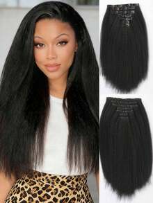 14-24 Inch Yaki Straight Clip-In Hair Extensions, Black, Double Wefted, Suitable For African American, 7pcs/Set - Multicolor - View 14