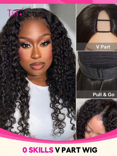 Tinashe Peluca con profunda parte en V, peluca de cabello humano con apariencia de cuero cabelludo, densidad del 180%, cabello humano brasileño de color natural sin dejar rastro, peluca sin pegamento para disfraces de Halloween, cosplay de hada, boda y sirena, peluca negra