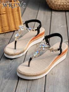 WRCVS Black Shoes With Rhinestone Decor Chain, Tassel, Platform, Wedge Heel, Thick Sole, Rope Bottom, Bohemian Style Summer Sandals - Black - View 6