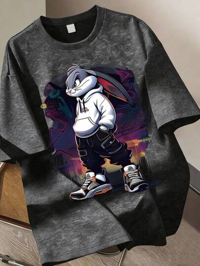 男童水洗灰色卡通T恤，街头风长耳兔和赛博朋克涂鸦印花，休闲宽松版型，适合上学、街头风、日常休闲穿着