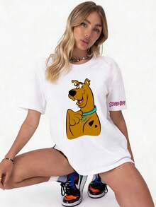 Elourie SHEIN X SCOOBY-DOO Damen einfarbiges Rundhals Kurzarm lockeres T-Shirt, 100% Baumwolle Top, lustiger Cartoon Welpen Muster weißes T-Shirt, Urlaub - Weiss - Übersicht 3