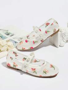 Children's Fashion Breathable Mesh Embroidered Pearl Shoes With Small Floral Pattern, Comfortable Non-Slip Soft Flat Shoes For Girls, Suitable For Indoor, Outdoor, Party, All Seasons - White - View 5