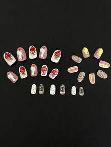 24pcs Strawberry Cactus Nail Sticker Set, Short Oval Cute Fake Nails, Vibrant Summer Fruit Style. Create 3D Strawberry, Cactus, Little Yellow Chick And Rainbow Stripe Patterns On Pink/White Base. Glossy Texture, Short Oval Fake Nails. Suitable For Summer, Daily Commute, Party, Work And Other Occasions! - Multicolor - View 4